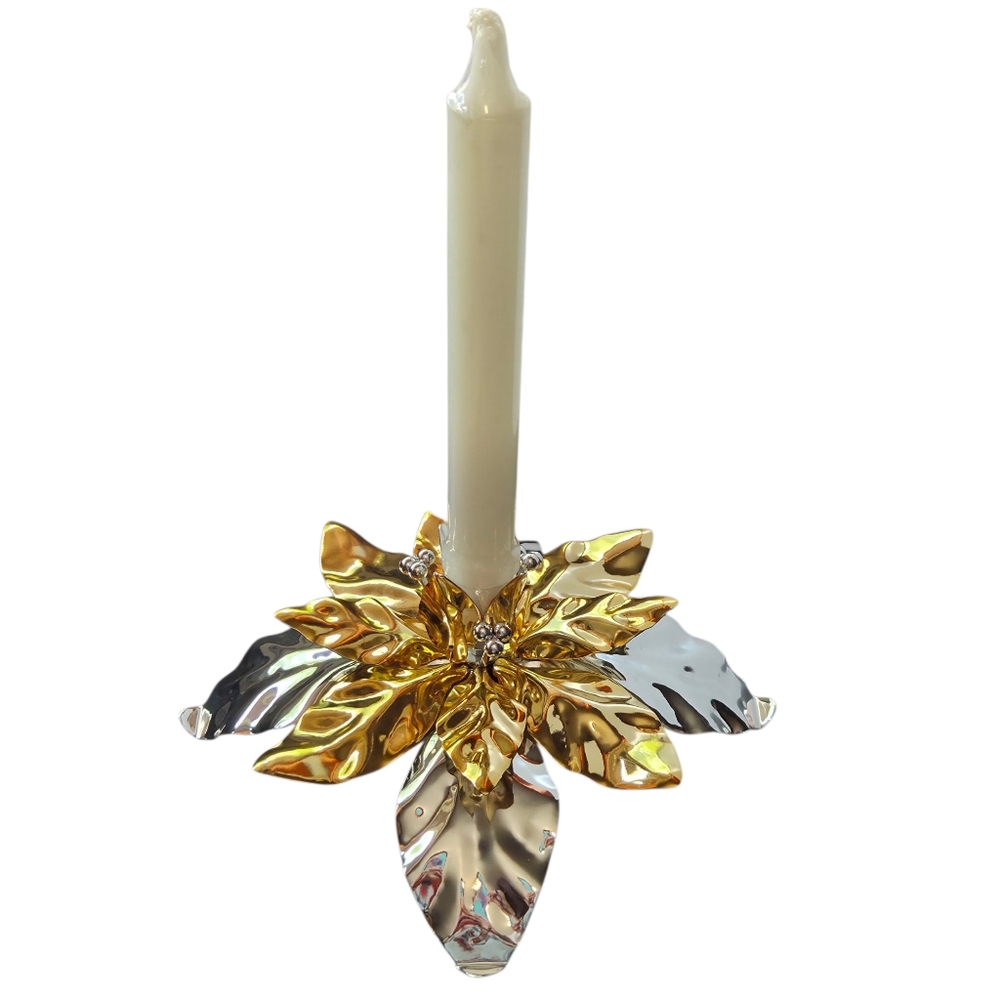 Dept 56 Gold & Silver Poinsettia Flower Taper Metal Candle Holder